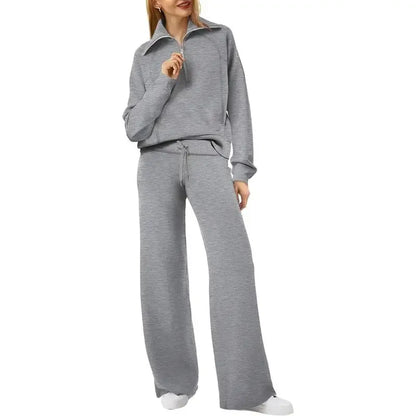 Women's Casual Set 2025 Collection Half-Zip Sweatshirt and Wide-Leg Pants