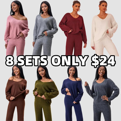 Two-piece Set Women's Solid Color Drop Shoulder Sweater & Pants