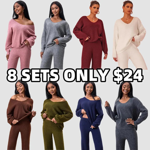 Two-piece Set Women's Solid Color Drop Shoulder Sweater & Pants
