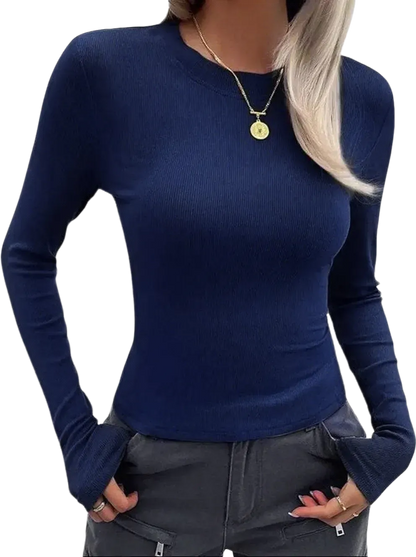 Women Long Sleeve Stretch Slim Round Neck Ribbed Basic Top