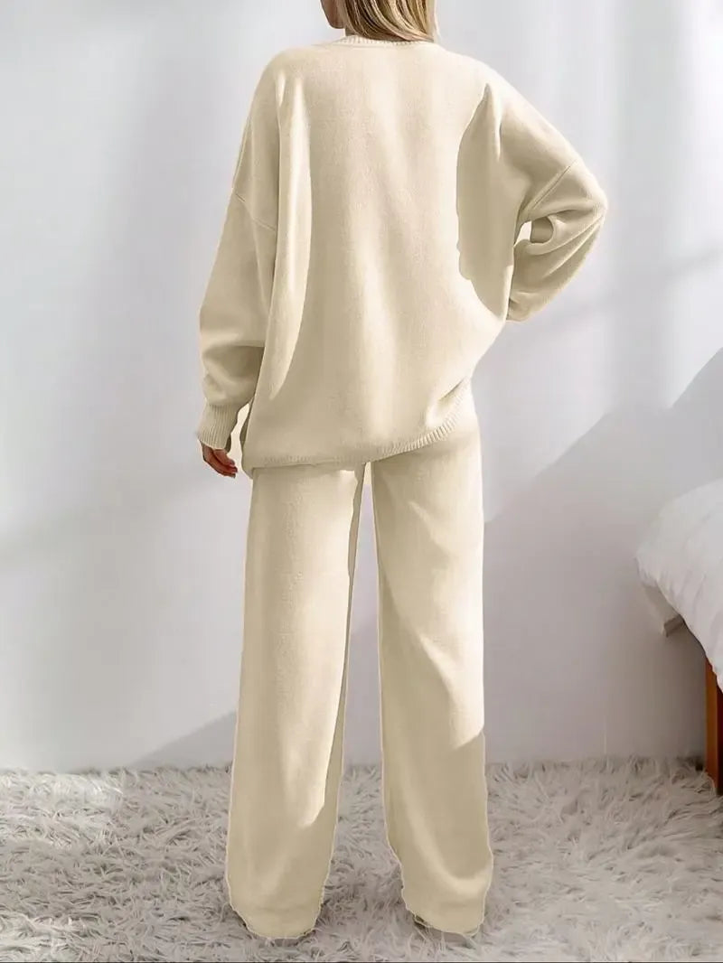 Women's V Neck Cardigan & Elastic Waist Wide Leg Pants Two-piece Set
