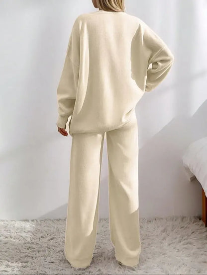 Women's V Neck Cardigan & Elastic Waist Wide Leg Pants Two-piece Set