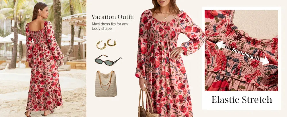 Boho Floral Smocked Square Neck Long Sleeve Maxi Dress