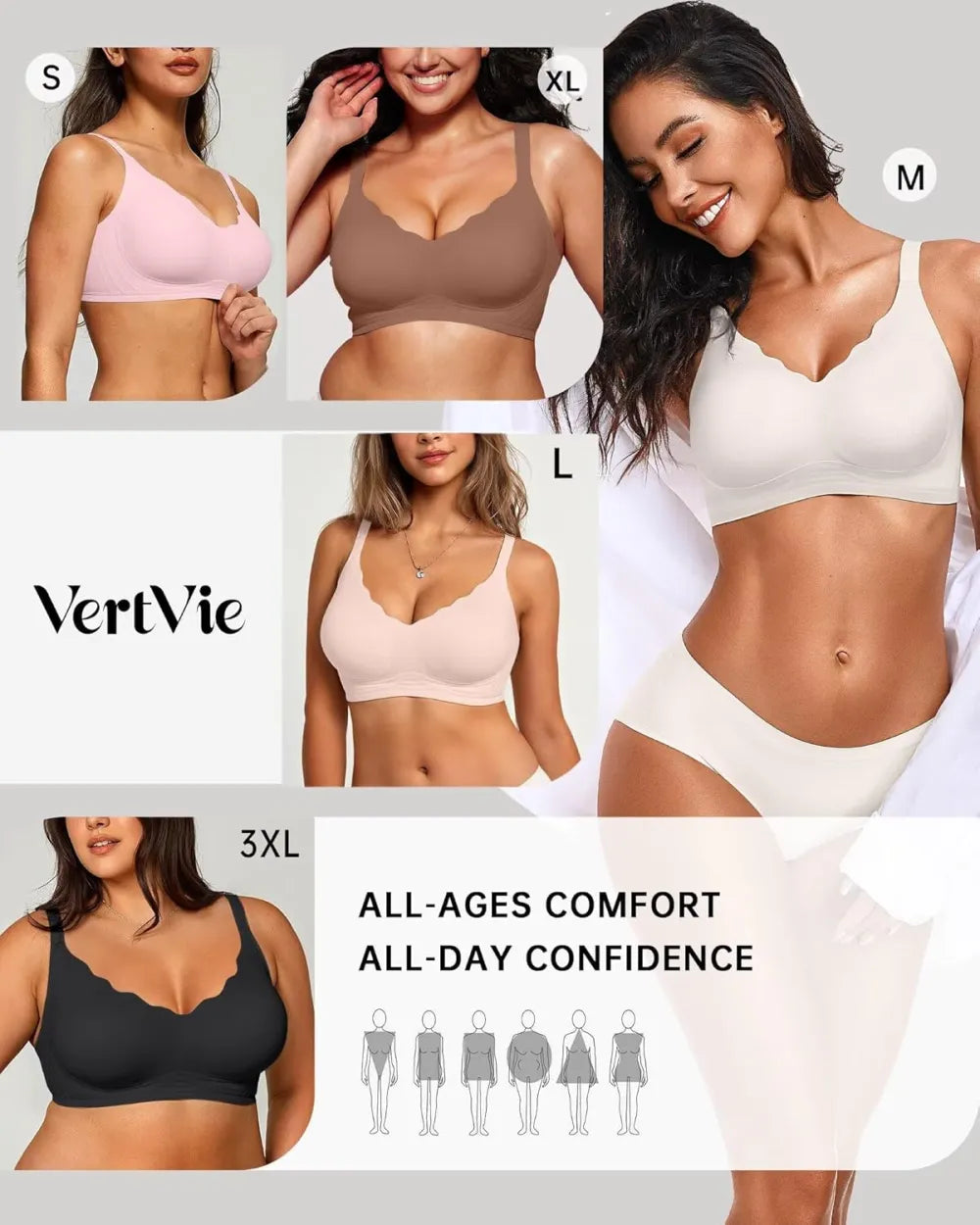 Womens Seamless Bras No Underwire Supportive Wireless Push Up Full Coverage Bralette Comfort Scalloped T-Shirt Bra