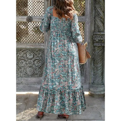 Boho Floral Smocked Square Neck Long Sleeve Maxi Dress