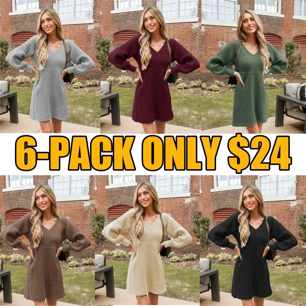 Women's Casual Sweater Dress V Neck Honeycomb Long Sleeve Textured Knit Pullover Dresses
