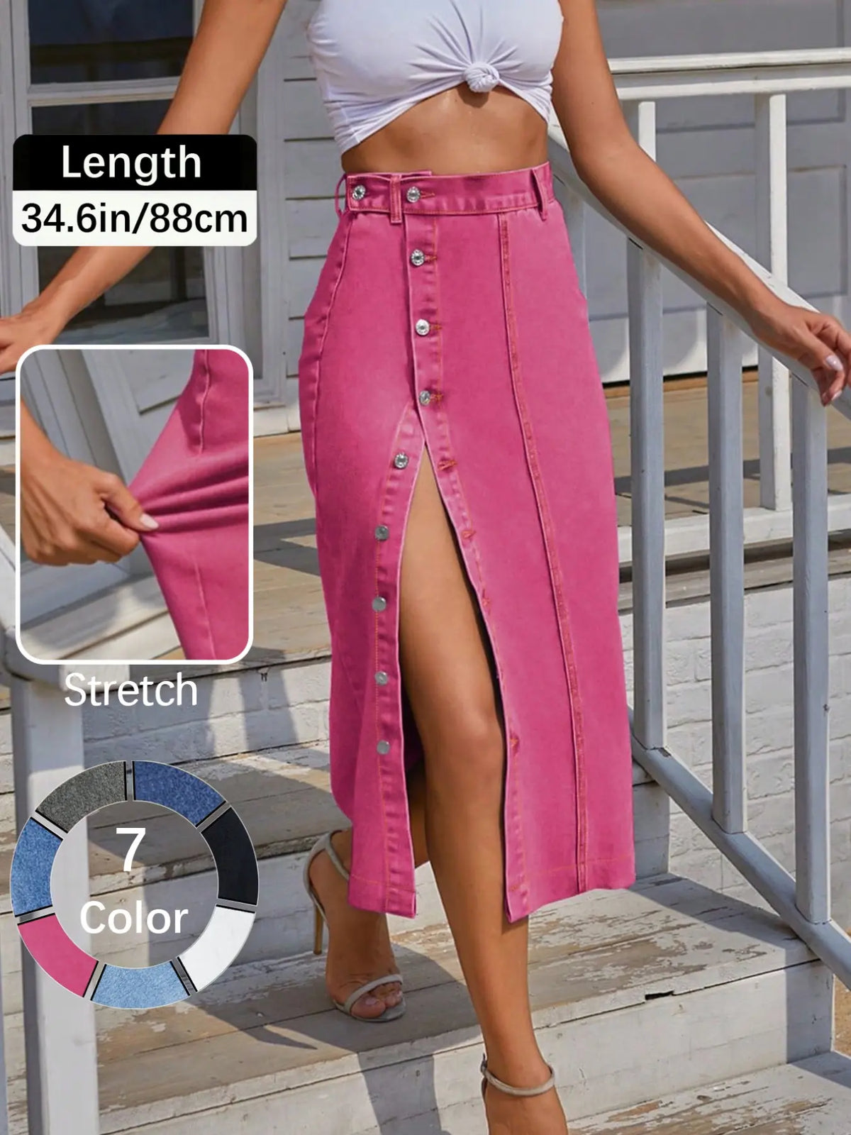 Jeans Women's Button Front Light Wash Denim Split Hem Skirt, Casual Fashion Fitted Skirt for Daily Wear, Ladies Bottoms for All Seasons, Button Fly Skirt, T-Chic