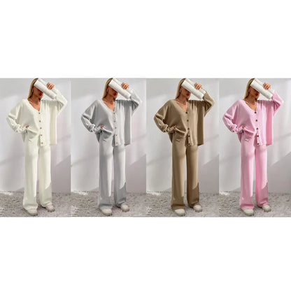 Women's V Neck Cardigan & Elastic Waist Wide Leg Pants Two-piece Set