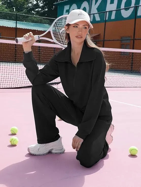 Women's Casual Set 2025 Collection Half-Zip Sweatshirt and Wide-Leg Pants