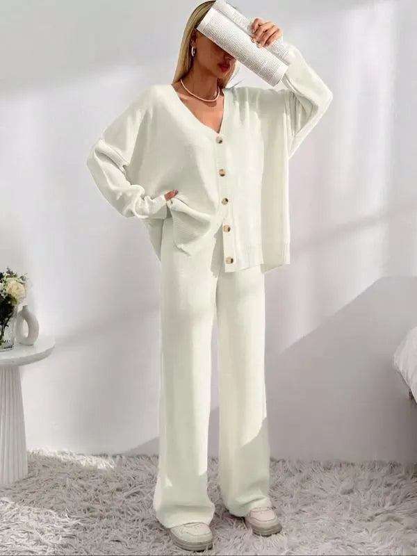 Women's V Neck Cardigan & Elastic Waist Wide Leg Pants Two-piece Set