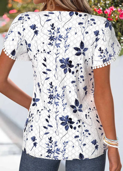 White Curved Hem Short Sleeve Split Neck T Shirt