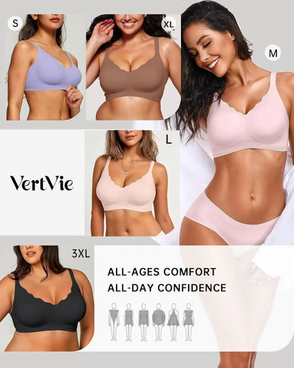 Womens Seamless Bras No Underwire Supportive Wireless Push Up Full Coverage Bralette Comfort Scalloped T-Shirt Bra