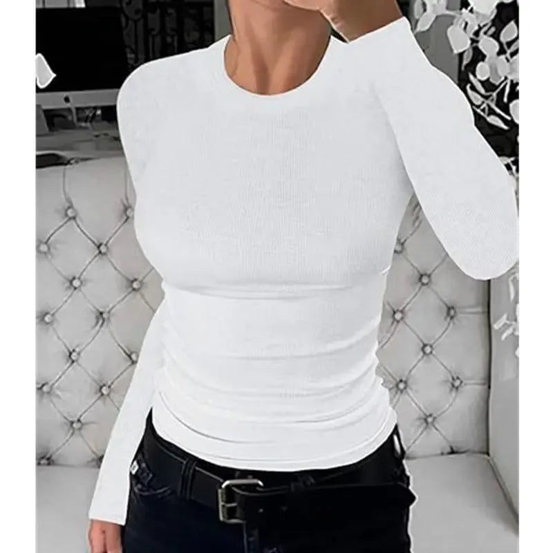 Women Long Sleeve Stretch Slim Round Neck Ribbed Basic Top