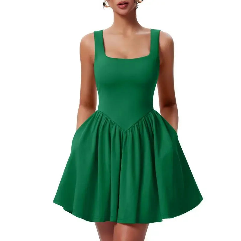 Women's Square Neck A-line Ruffle Hem Mini Tank Dress with Pockets