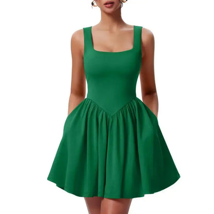 Women's Square Neck A-line Ruffle Hem Mini Tank Dress with Pockets