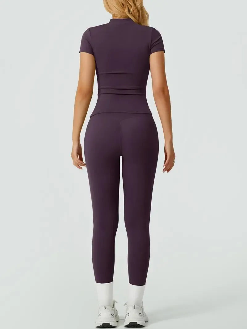 Women's Solid Ribbed Long Sleeve Tee & Leggings Sport Set