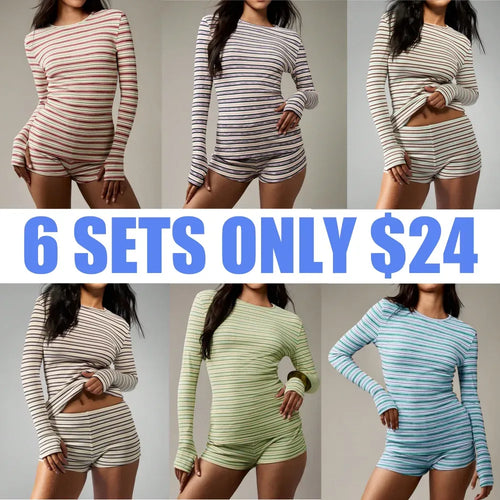 Women's Striped Knit Long Sleeve Top & High Waist Sporty Shorts Set
