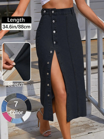 Jeans Women's Button Front Light Wash Denim Split Hem Skirt, Casual Fashion Fitted Skirt for Daily Wear, Ladies Bottoms for All Seasons, Button Fly Skirt, T-Chic