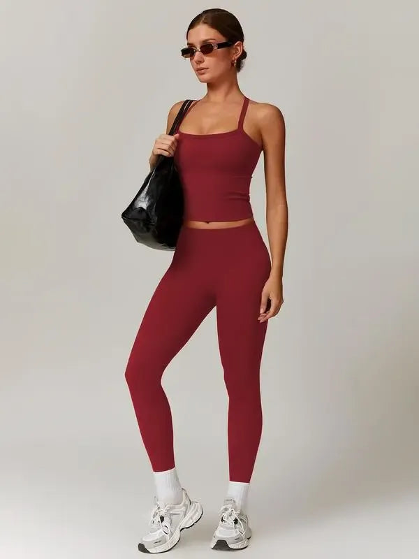 Women's Solid Cut Out Backless Cami Top & High Waist Leggings Tracksuit Set