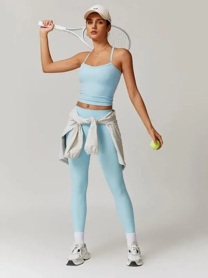 Women's Solid Cut Out Backless Cami Top & High Waist Leggings Tracksuit Set