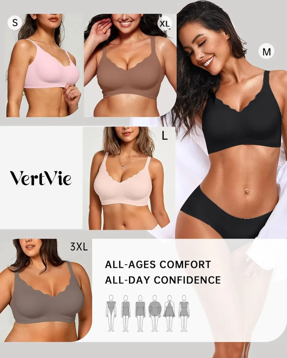 Womens Seamless Bras No Underwire Supportive Wireless Push Up Full Coverage Bralette Comfort Scalloped T-Shirt Bra