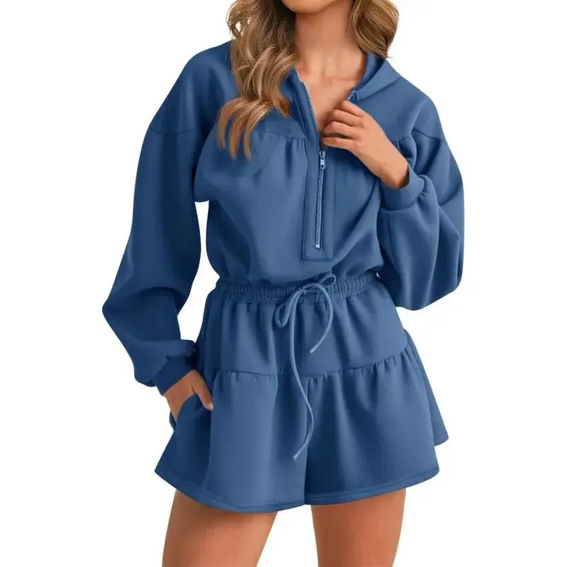 Women's Half-Zip Hooded Long-Sleeve Casual Romper