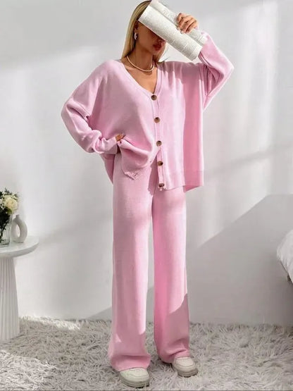 Women's V Neck Cardigan & Elastic Waist Wide Leg Pants Two-piece Set