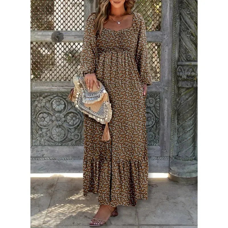 Boho Floral Smocked Square Neck Long Sleeve Maxi Dress
