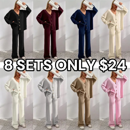 Women's V Neck Cardigan & Elastic Waist Wide Leg Pants Two-piece Set