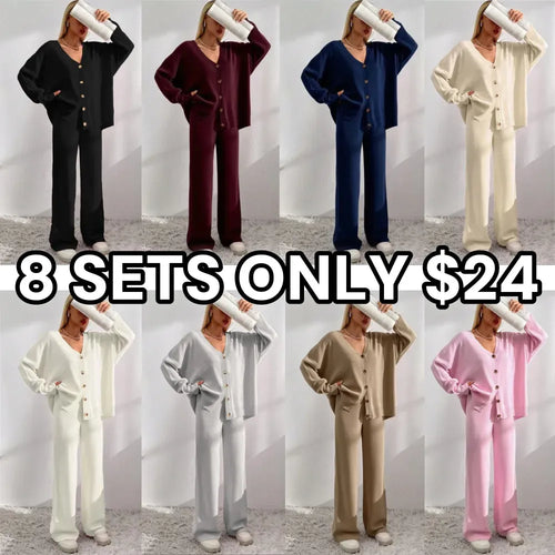 Women's V Neck Cardigan & Elastic Waist Wide Leg Pants Two-piece Set