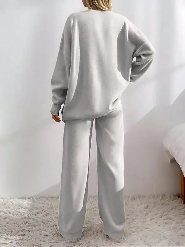 Women's V Neck Cardigan & Elastic Waist Wide Leg Pants Two-piece Set