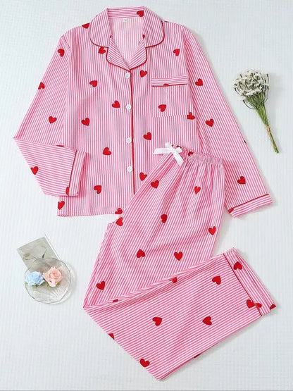 Women's Striped Bow Print LongSleeve Pajama Set, Sweet CuteButton Front Top and Pants