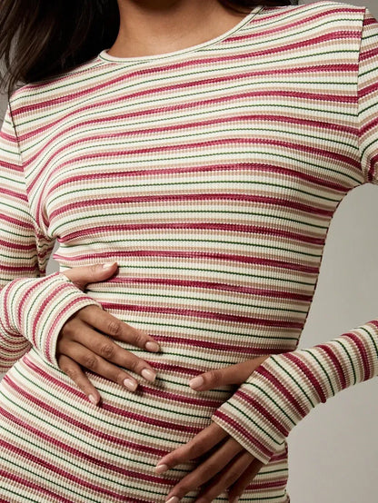 Women's Striped Knit Long Sleeve Top & High Waist Sporty Shorts Set