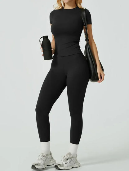 Women's Solid Ribbed Long Sleeve Tee & Leggings Sport Set