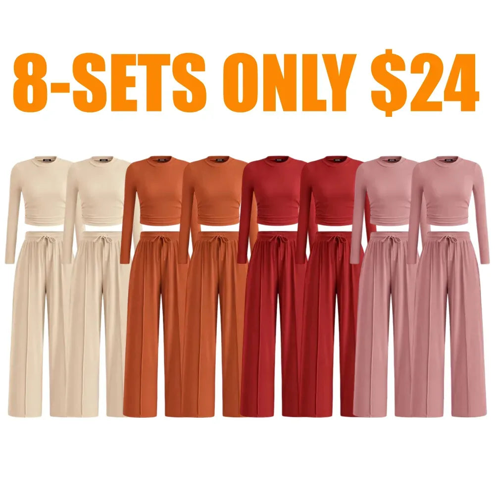 Ribbed Knit Long Sleeve Crop Top Wide Leg Pants
