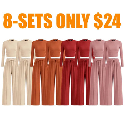 Ribbed Knit Long Sleeve Crop Top Wide Leg Pants