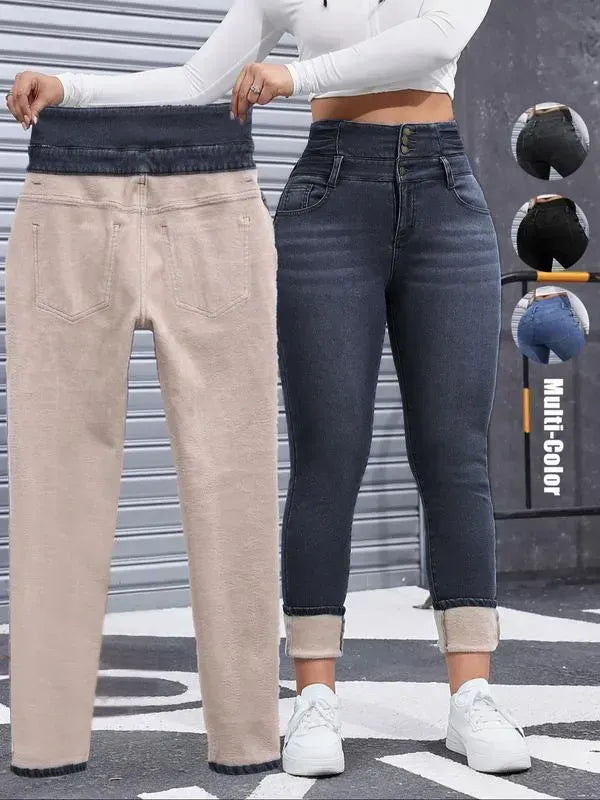 Women's High Elasticity Fleece Lined Thick Denim Jeans